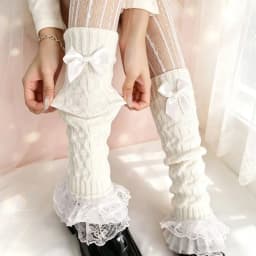 Cute Lace Flared Knitted Long Legs Warmers Y2K Leg Stockings White Harajuku Socks White Foot Cover Lolita Over Knee Leg Warmer