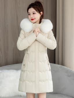 Detachable Fur Collar Thickened down Cotton Jacket Slimming Mid-Length Women's Korean Style Commute Pure Color Coat with Pocket