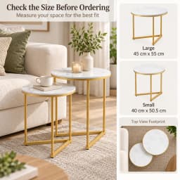 Set of 2 Round Nesting Side Tables 45cm Sintered Stone Tops Gold Metal Frame for Living Room Sofa Side