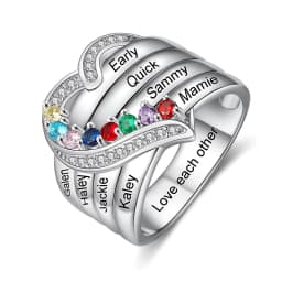 Personalized 1-8 Birthstone Rings Custom Engraved Name Ring Customized Promise Heart Birthstone Ring Gifts for Family Women