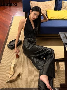 Lautaro Spring Autumn Shiny Lizard Print Pu Leather Straight Pants Women High Waist 2026 Chic Luxury Brands Alternative Pants
