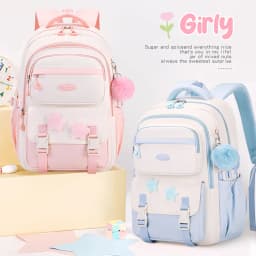 Primary Middle School Backpack for Girls Cute Backpack for School Pink School Bag for Teen Girls with Star Pins Furry Pendant
