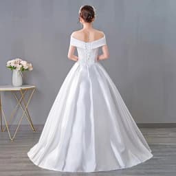 It's Yiiya Wedding Dresses White Satin Simple Off the Shoulder Pleat Lace up Princess Floor-length Plus size Ball Gowns XN057
