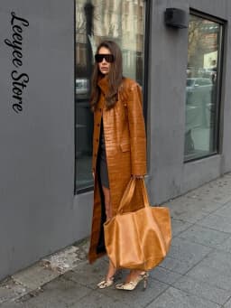 Crocodile Embossed Faux Leather Long Jackets Chic Wide Lapel Belted Waist Quarter Sleeve Loose Coat Women Street Chic Outfits