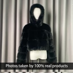 Winter Warm Ladies Fake Fox Fur Jacket Short Fashion Hooded Artificial Fox Fur Coat High Quality Women's Cropped Fur Coat Black