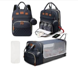 Foldable 3-in-1 Diaper Bag Backpack with USB Charge Waterproof Travel Bag Baby Bed And Changing Mat Included