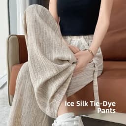 Ice Silk Dyed Wide Leg Pants Casual Summer Thin Straight Cool Pants High Waist Nine Points Korean Style Polyester Fiber
