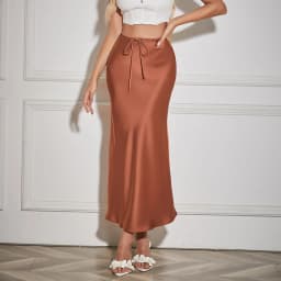 New In 2026 Spring Summer Solid Color Satin Long Skirt For Women High Waist Lace-Up Fashion Elegant Faldas