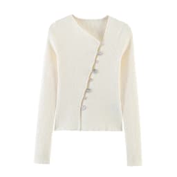Women Ribbed Short Cardigan Diagonal Silver Shell Button Long Sleeve Irregular Neck Slim Knit Coat Daily Casual Sweater