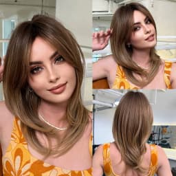 Synthetic Dark Brown Wig Straight Layered Wigs for Women Shoulder Length Hair Wig With Bangs Heat Resistant Party Daily Use