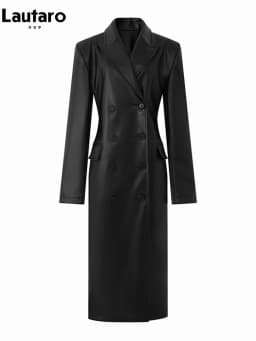 Lautaro Spring Autumn Long Black Fitted Soft Pu Leather Trench Coat for Women with Shoulder Pads Luxury Designer Clothing 2023