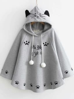 plus Size Print Hooded Cloak Autumn Winter New Style Japanese College Style Women's Loose Fit Sweatshirt Middle Length