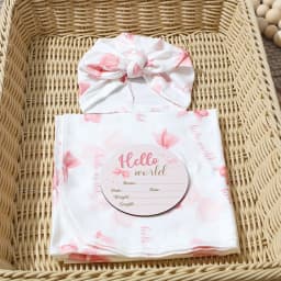 Newborn Baby Girl Swaddle Wrap Set Hello Bow Print Cotton Blanket + Bow Hat + Birth Announcement Card Infant Photoshoot Props