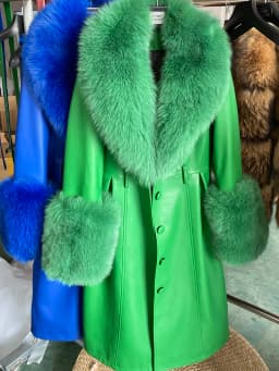 YOLOAgain Women's Detachable Fox Fur Collar Real Leather Jacket Long Navy Blue Jacket