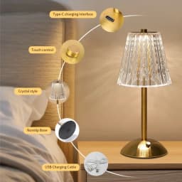 Rechargeable Touch Table Lamp 3 Colors Dimmable Artificial Crystal Lamp Portable Night Light for Bedroom Living Room Restaurant