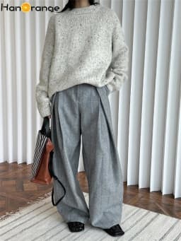HanOrange 2026 Heavy Weight Winter Retro Herringbone Wool Pressed Double Pleated Trousers Women Wide Legs Pants Gray/Brown