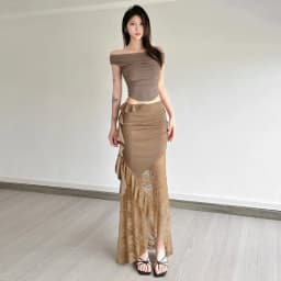 SylCue Mesh Patchwork Long Skirts Women Elastic Waist Solid Ruched Ruffles Tassel Street Fashion Elegant Style Skinny Outfits