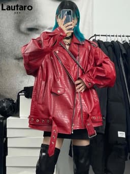 Lautaro Spring Autumn Oversized Red Shiny Crocodile Pattern Leather Biker Jacket Women Long Sleeve Zipper Belt Cool Fashion 2022