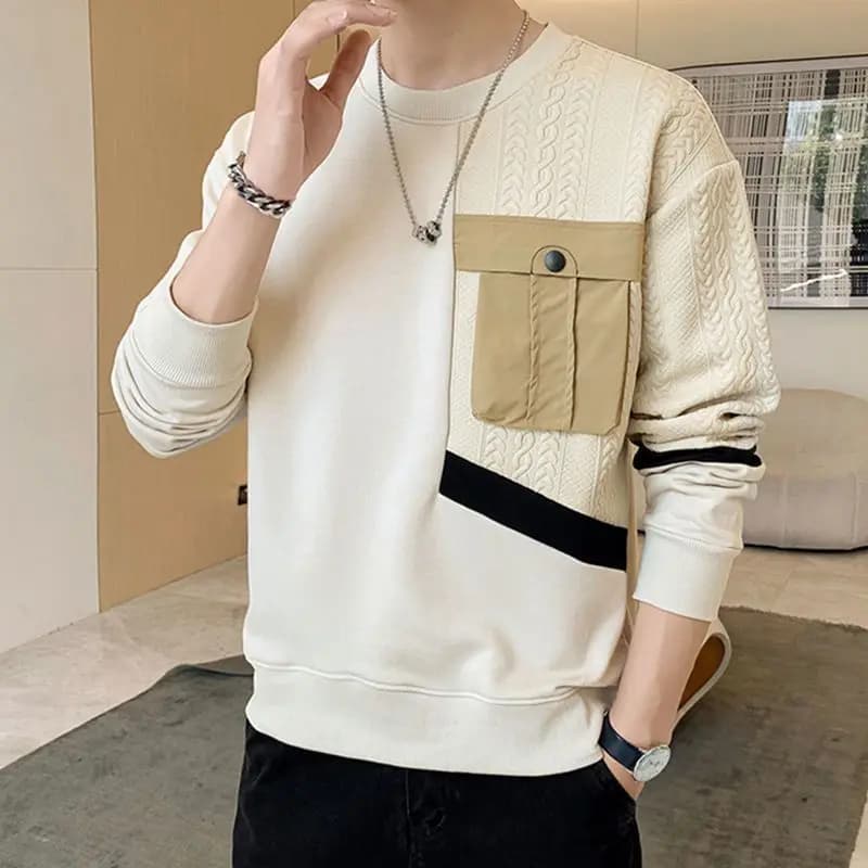 Unisex Personalized Patchwork Pullover for Men's 2023 Autumn New Versatile Casual Plush Loose Trendy Top Spliced O-neck Shirt