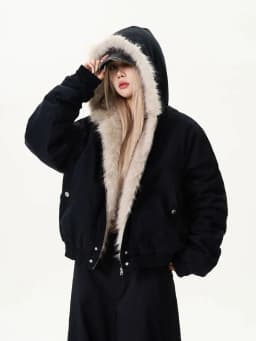 American Retro Jacket Faux Fur Hooded Longe Sleeve Women Casual Pure Color Vintage Sweatshirt Aesthetics Parkas Autumn Clothing