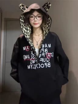 2000s Japan Harajuku Kawaii Print Patchwork Dot Zip Up Hoodie Coat Y2k American Vintage Winter New Warm Top Hooded Sweatshirts