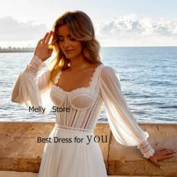 Exquisite Ivory Wedding Dresses Side Slit Bridal Gowns Court Train Full Sleeve New Vestido De Novia Soft Tulle Robe De Summer