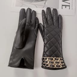 Women Black Chain Thickened Plush Inside Grid PU Artificial Leather Glove Sexy Female Nightclub Dance Punk Performance Mitten