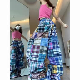 New design sense niche American retro color checkered wide-leg pants women's versatile checkered floor-length pants