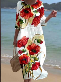 Spring Summer New Short-sleeved Casual Printed Dresses For Women's Retro Loose O Neck Female Small Fresh Holiday Robe Dress 2026