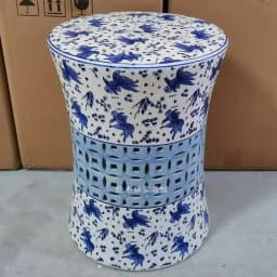 White Porcelain and Drawn Blue Shoe Hand Changing Stool Ceramic Drum Bathroom Neoclassical Imitation Sitting Stool Low Round