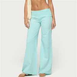 Coquette Solid Color Fold Over Waist Flare Pants Women Low Rise Stretchy Bootcut Long Trousers Casual Minimal Lounge Pants