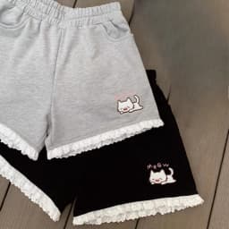 Lace Patchwork Wide Leg Shorts Women 2026 Summer Japanese Cat Embroidery Elastic Waist Short Pants Y2k Aesthetic Casual Trousers