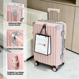 20" Carry On Suitcase Airline Approved, PC Hard Shell Luggage With Aluminum Frame, Spinner Wheels, Built-In Cup Holder, Travel Travel Suitcase