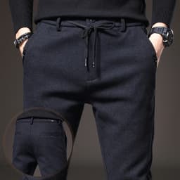 Autumn Winter Men's Casual Pants Solid Color Business Elastic Waist Slim Fit Stretch Thick Gray Black Blue Cotton Trousers Male