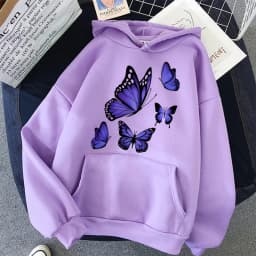 90s Graphic Dark Purple Butterfly Pattern Printed Hoodies Women's Vintage Y2k Sweatshirts Casual Hooded Clothes Kawaii Pullovers