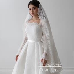 Gorgeous Lace Wedding Dress for Bride Customized Square Neck Long Sleeves Sweep Train Arabic Bridal Gown Vestido De Noiva