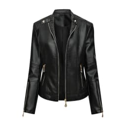 Lady Faux Leather Jacket Solis Color Buttons Decor Long Sleeve Biker Coat Windproof Slim Lady Coat For Motorcycle Riding