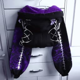 Gothic Devil Horn Fur Lined Slim Fit Hoodie Womens Blackish Purple Thorn Mesh Print Zipup Hoodie Fashionable Casual Zipup Hoodie