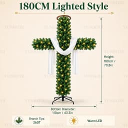 Cross Shaped Christmas Tree 150/180cm Pre Lit Warm LED Lights Artificial PVC Xmas Tree Religious Holiday Home Outdoor Decoration