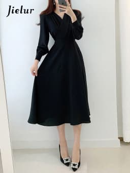 Jielur Harajuku V-neck Puff Sleeve A-line Maxi Dress Woman Solid Color Midi Robe Korean Office Dresses Elegant Spring Dress Lady