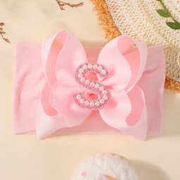 26 Letters Pink Big Bows Pearl Headbands for Baby Girls 5.98'' Wide Nylon Knotted Soft Elastic Hair Bands Wraps Headwear 1PCS
