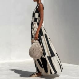 Sleeveless Black White Geometric Patchwork Print Party Dress Women Summer O Neck Loose Maxi Dress Elegant Holiday Ladies Dress