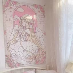 VIKAMA Cute Angel Tapestry Pink White Wall Blanket for Bedroom Accent Living Room Decor Dorm Room Aesthetic and Anime Fan Space
