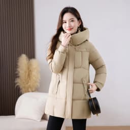Winter Thickened down Cotton Jacket Women's Mid-Length Loose Fit Coat Detachable Cap Korean Style Polyester Fabric Long Sleeve