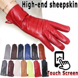 Leather gloves women's sheepskin flannel lining winter warmth high-grade black touch screen color leather gloves driving new