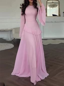 Women Solid Ruffle Chiffon Long Dress Elegant O-Neck Flare Sleeve Slim Maxi Dress 2026 New Lady Wedding Guest Evening Party Robe