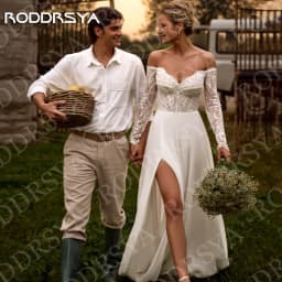 RODDRSYA Elegant Wedding Dresses Boho Woman Off Shoulder Lace Long Sleeves Split Bridal Dress Chiffon Customized Robe De Mariée