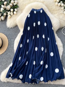 Elegant Retro Polka Dot Pleated High Waist A-Line Skirt Women's Commute Long Dress Slimming Pleat Drapey Feel Half Skirt