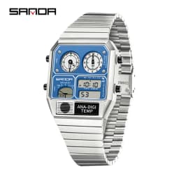 SANDA Electronic Watch Men Square Steel Band Digital Wristwatch Temperature Measurement Stopwatch Timing Multifunctional Watch