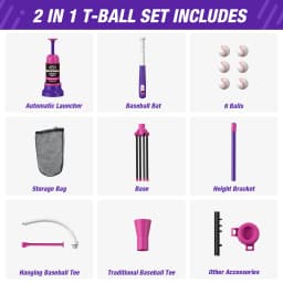 3-in-1 Baseball Set for Kids with Auto Pitching Machine | Tee Ball Stand, Hanging Tee, Ball Launcher and 6 Softballs - Adjustable Height, Indoor/Outdoor Sport Gifts for Boys Girls